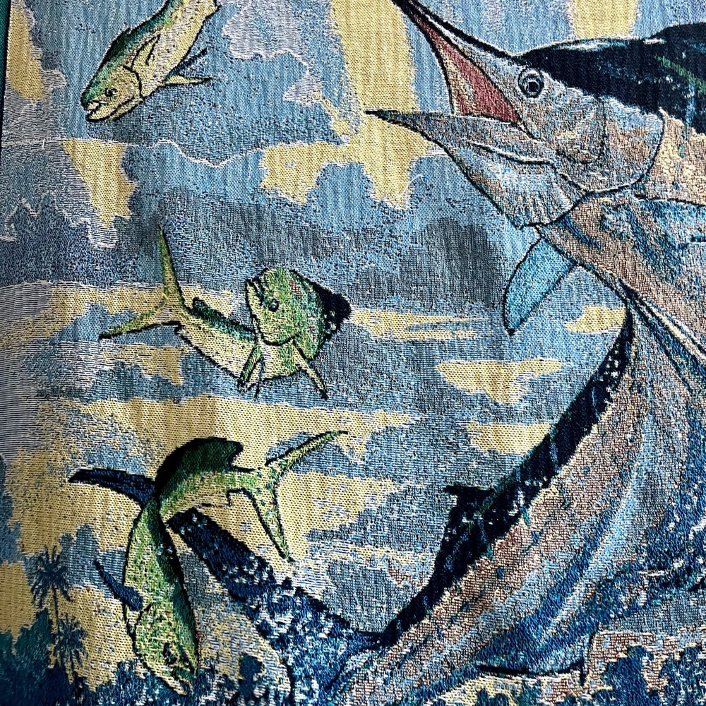 Vintage Guy Harvey Marlin Afghan Tapestry Fringed 48x68 Throw Blanket Rare VTG - Picture 5 of 6